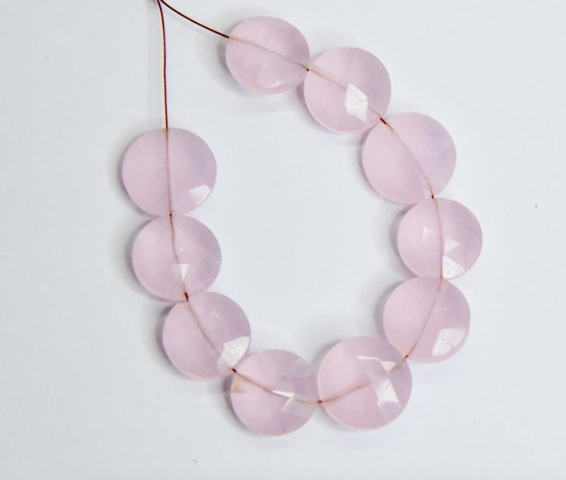 NATURAL PINK CHALCEDONY BEADS FACETED COIN 12 - 13 MM, 10 PCS (2 TASSELS): These are natural, earth mined and hand crafted with precision. Stone: Pink Chalcedony, Stone Shape: Faceted Coin, Stone Size: 12 - 13 mm, Width: 5 - 7 mm, Weight: approx. 63 carats. The photographs a