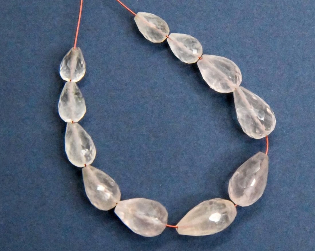 NATURAL ROSE QUARTZ BEADS FACETED TOPDRILL DROPS 5X7 - 7X12 MM, 11 PCS (1 of 1)