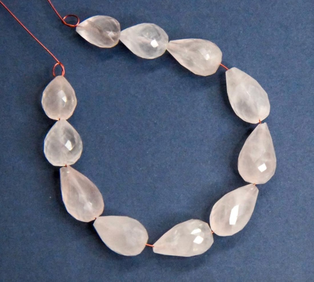 NATURAL ROSE QUARTZ BEADS FACETED TOPDRILL DROPS 7X10 - 9X15 MM, 11 PCS (1 of 1)
