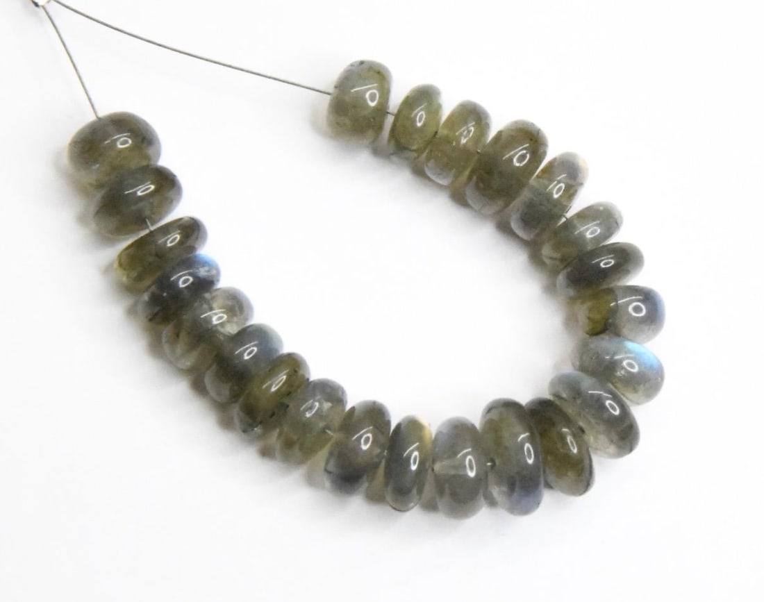 NATURAL LABRADORITE BEADS RONDELLE 8 - 11 MM, 23 PCS: These are natural, earth mined and hand crafted with precision. Stone: Labradorite, Stone Shape: Rondelle, Stone Size: 8 - 11 mm, Width: 3.5 - 5 mm, Weight: approx. 64 carats. The photographs are gene