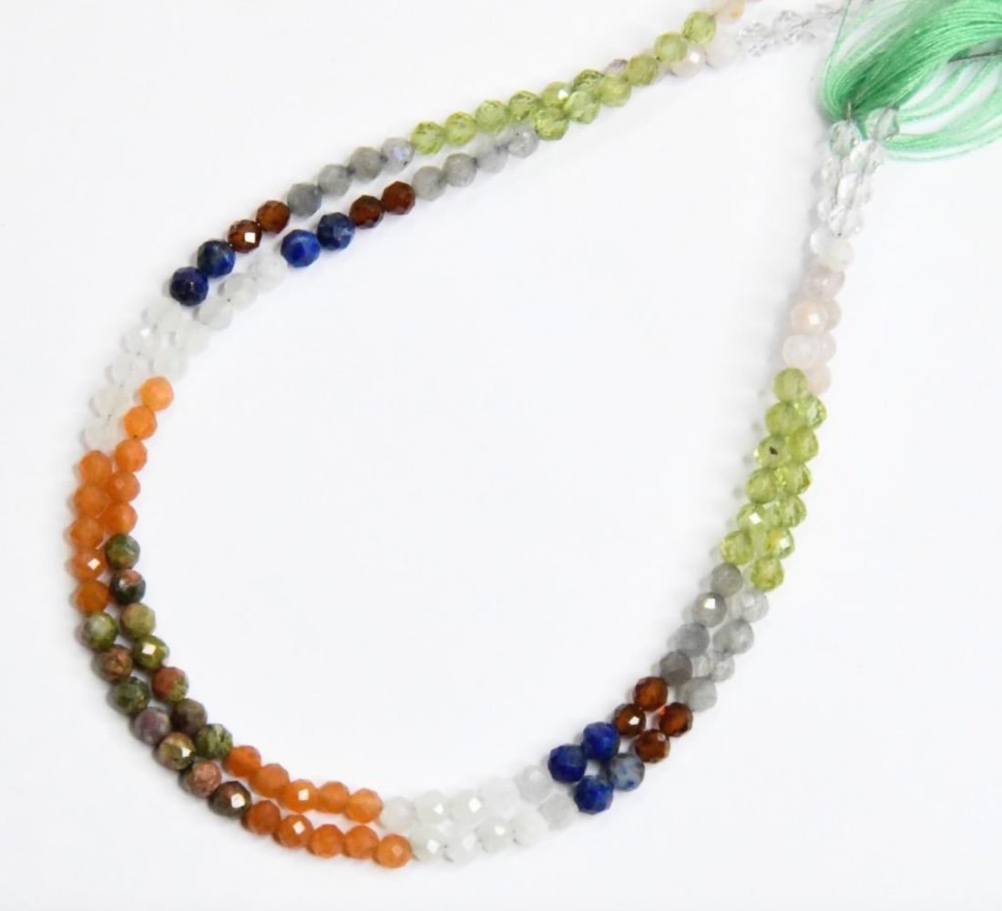 NATURAL MULTI COLOUR BEADS FACETED ROUND 3 MM, 9" STRAND (2 LINES): These are natural, earth mined and hand crafted with precision. Stone: Multi Stone, Stone Shape: Faceted Round, Stone Size: 3 mm, Weight: approx. 18 carats. The photographs are generally enlarged to s