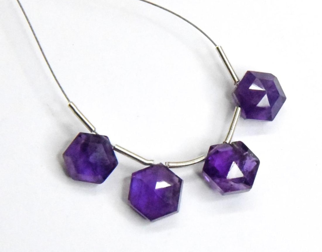 NATURAL AMETHYST BEADS FACETED HEXAGON 8 - 9 MM, 4 PCS (1 of 1)