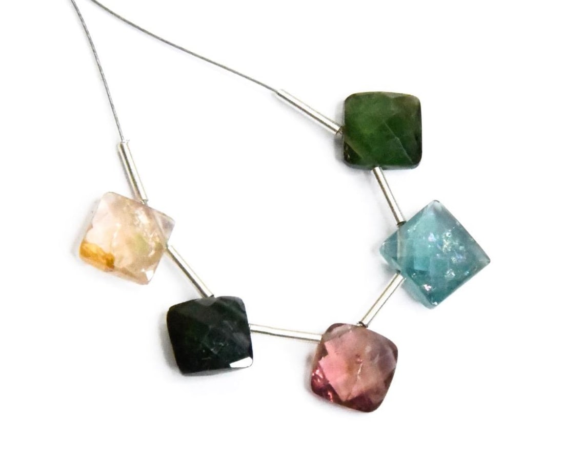 NATURAL MULTI TOURMALINE BEADS FACETED SQUARE 9 - 10.5 MM, 5 PCS: These are natural, earth mined and hand crafted with precision. Stone: Multi Tourmaline, Stone Shape: Faceted Square, Stone Size: 9 - 10.5 mm, Width: 3.5 - 4 mm, Weight: approx. 11 carats. The photogr