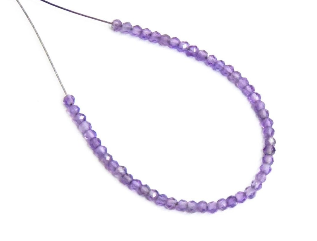 NATURAL AMETHYST BEADS FACETED ROUND 1.5 - 2 MM, 51 PCS: These are natural, earth mined and hand crafted with precision. Stone: Amethyst, Stone Shape: Faceted Round, Stone Size: 1.5 - 2 mm, Weight: approx. 1.60 carats. The photographs are generally enlarged