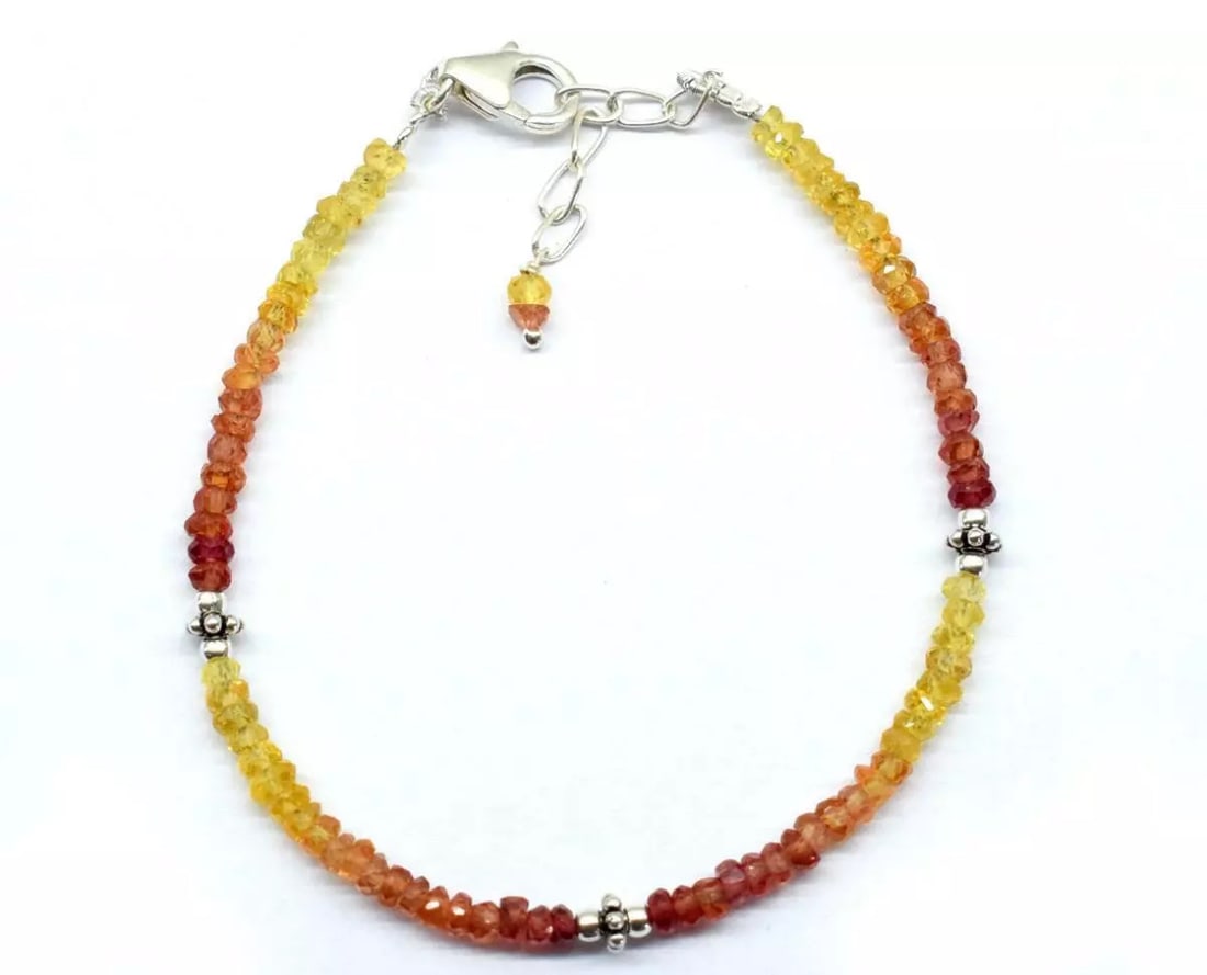SOLID 925 SILVER BRACELET - YELLOW & ORANGE SAPPHIRE BEADS 6.5 - 7.5": These are natural, earth mined and hand crafted with precision. Stone: Sapphire, Stone Shape: Faceted Rondelle, Stone Size: 3 mm, Width - 1.5 - 2 mm, Length: 6.5 - 7.5", Weight: 22 approx. carats. The