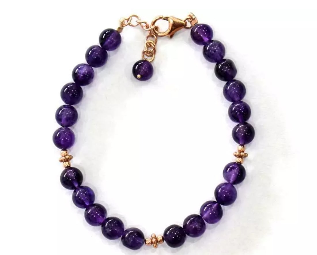 ROSE GOLD OVER 925 SILVER BRACELET - NATURAL AMETHYST BEADS 6.5 - 7.5": These are natural, earth mined and hand crafted with precision. Stone: Amethyst, Stone Shape: Round, Stone Size: 6 mm, Length: 6.5 - 7.5", Weight: approx. 46 carats. The photographs are generally enla