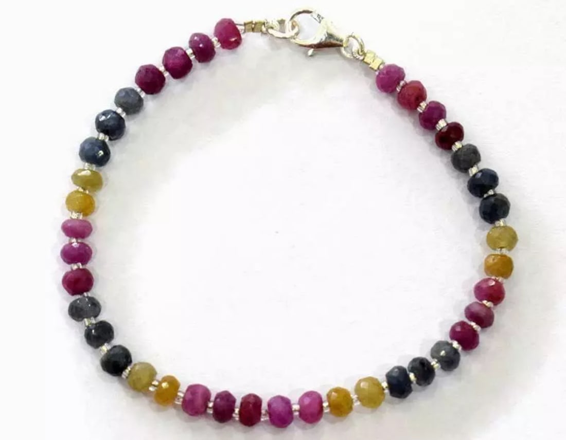 SOLID 925 SILVER BRACELET - NATURAL MULTI SAPPHIRE BEADS RONDELLE 7": These are natural, earth mined and hand crafted with precision. Stone: Sapphire, Stone Shape: Faceted Rondelle, Stone Size: 4.5 mm, Width - 2.5 - 3.5 mm, Length: 7", Weight: approx. 35 carats. The pho