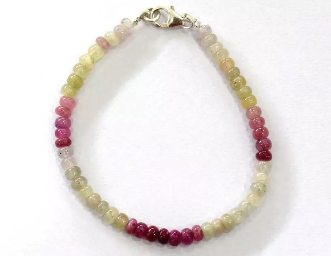 SOLID 925 SILVER BRACELET - NATURAL MULTI SAPPHIRE BEADS RONDELLE 7": These are natural, earth mined and hand crafted with precision. Stone: Sapphire, Stone Shape: Rondelle, Stone Size: 4.5 mm, Width - 2.5 - 3 mm, Length: 7", Weight: approx. 41 carats. The photographs a