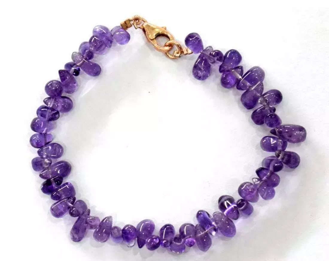 7" ROSE GOLD OVER SOLID 925 SILVER BRACELET - NATURAL AMETHYST BEADS: These are natural, earth mined and hand crafted with precision. Stone: Amethyst, Stone Shape: Briolette, Stone Size: 4x6 - 4x9 mm, Length: 7", Weight: approx. 46 carats. The photographs are generally
