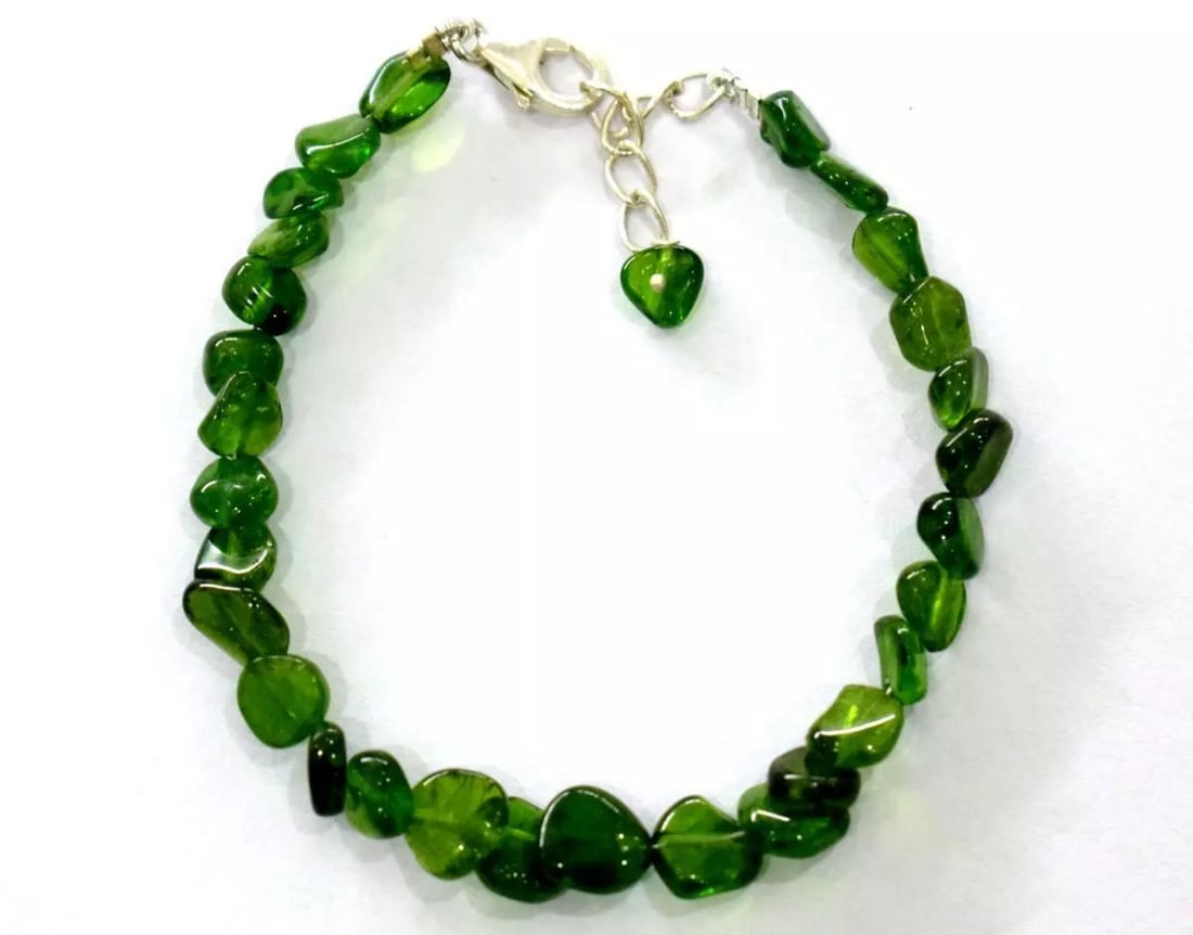 6.5 - 7.5" SOLID 925 SILVER BRACELET - NATURAL CHROME DIOPSIDE BEADS: These are natural, earth mined and hand crafted with precision. Stone: Chrome Diopside, Stone Shape: Tumble, Stone Size: 5x6 - 6.5x7mm, Width - 2 - 3.5mm, Length: 6.5 - 7.5", Weight: approx. 37 carats