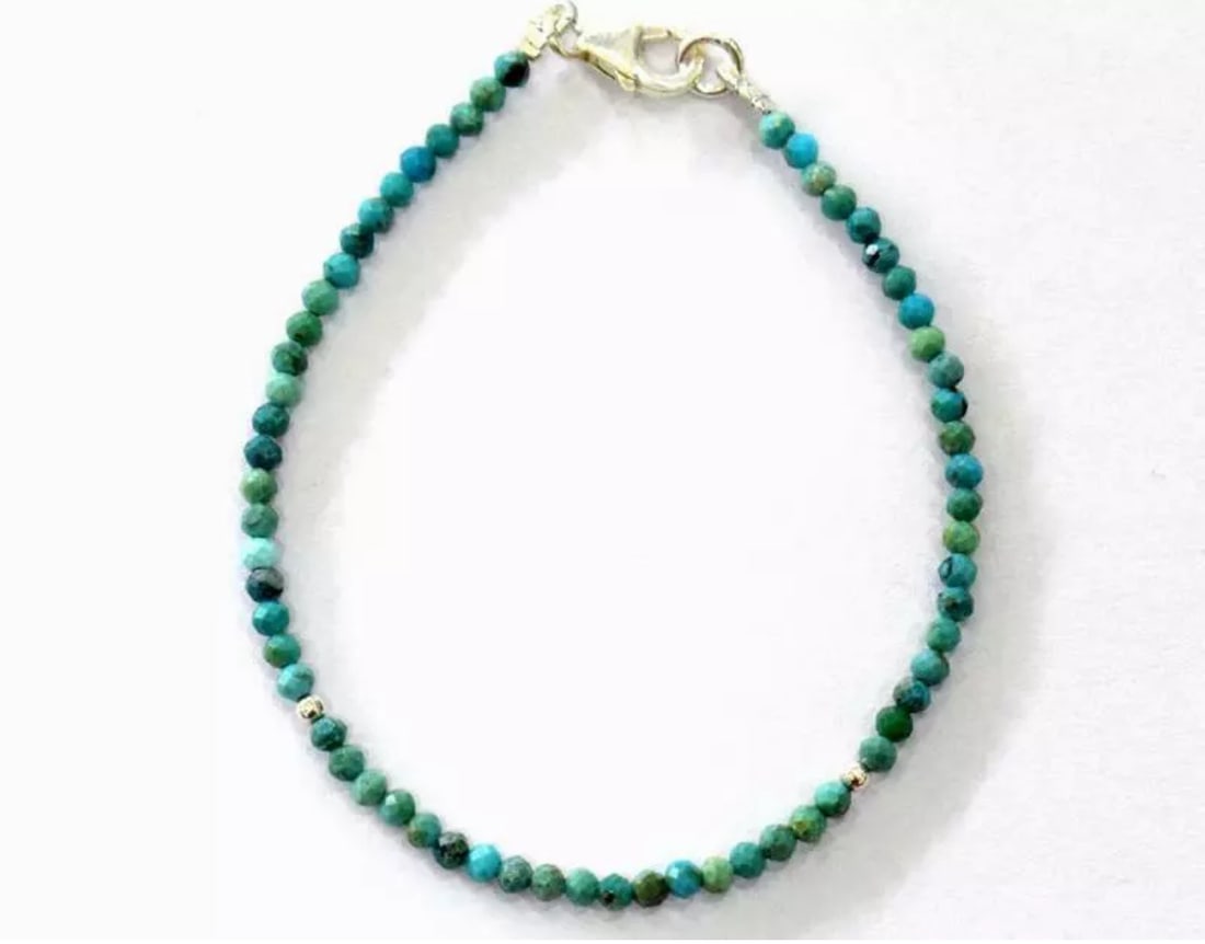 7" SOLID 925 SILVER BRACELET - NATURAL CHRYSOCOLLA BEADS ROUND: These are natural, earth mined and hand crafted with precision. Stone: Chrysocolla, Stone Shape: Faceted Round, Stone Size: 2.5 mm, Length: 7", Weight: approx. 10 carats. The photographs are generally
