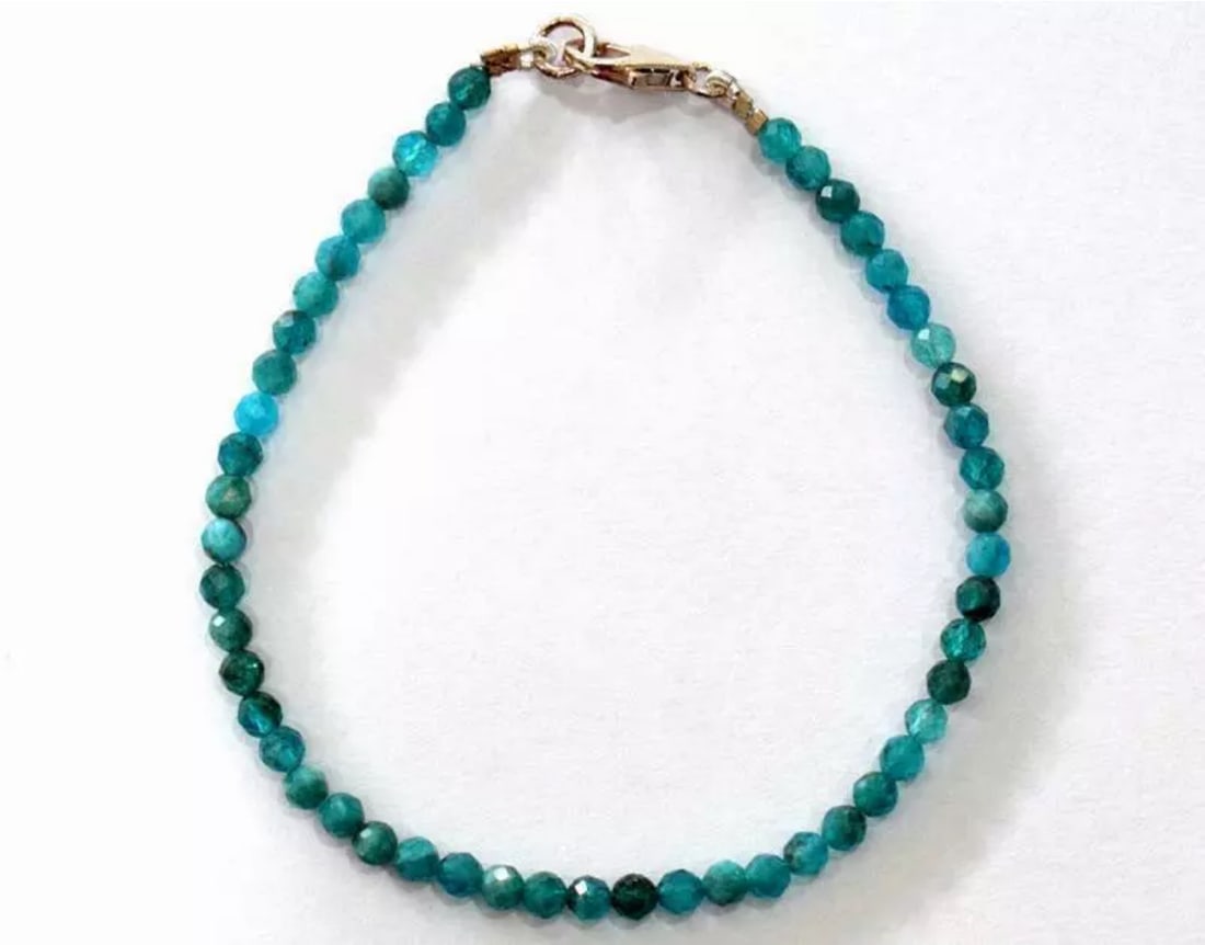 7" SOLID 925 SILVER BRACELET - NATURAL NEON APATITE BEADS ROUND: These are natural, earth mined and hand crafted with precision. Stone: Apatite, Stone Shape: Faceted Round, Stone Size: 3.5 mm, Length: 7", Weight: approx. 17 carats. The photographs are generally enl