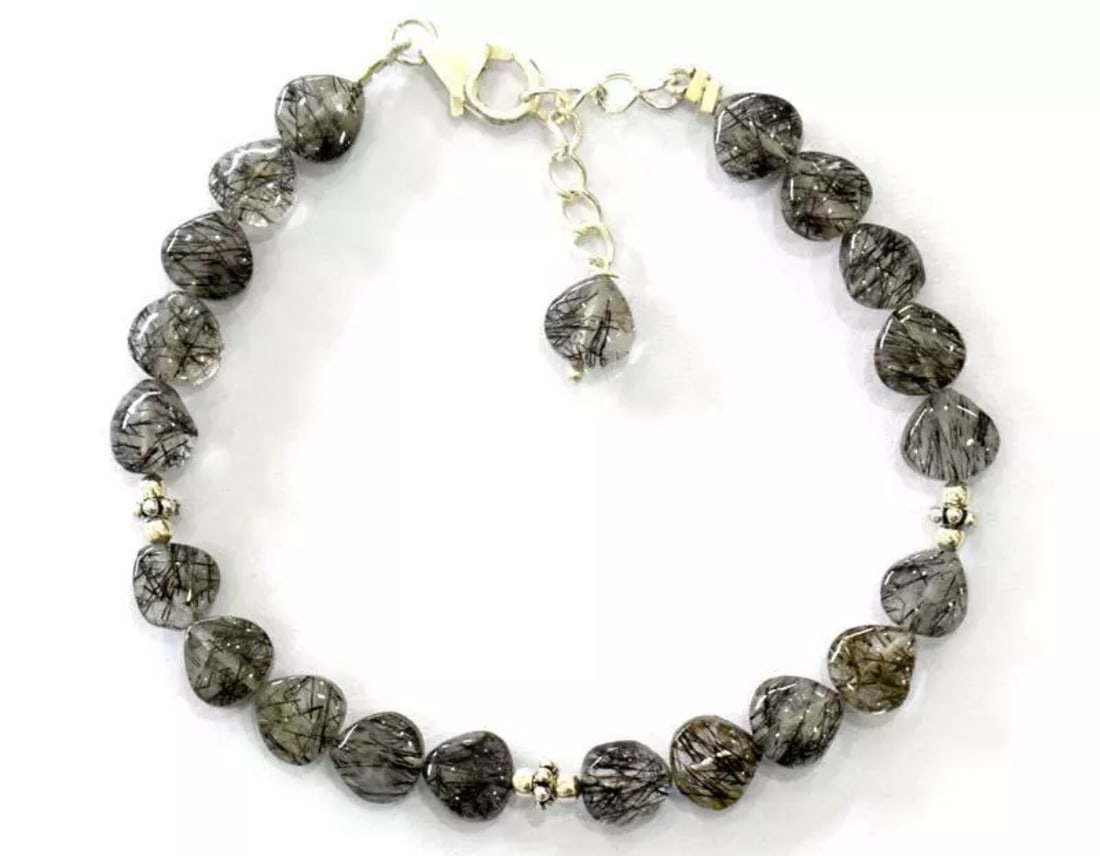 6.5 - 7.5" SOLID 925 SILVER BRACELET - NATURAL BLACK RUTILE BEADS HEART: These are natural, earth mined and hand crafted with precision. Stone: Rutile, Stone Shape: Topdrill Heart, Stone Size: 7 mm, Width - 3 - 4 mm, Length: 6.5 - 7.5", Weight: approx. 37 carats. The photo