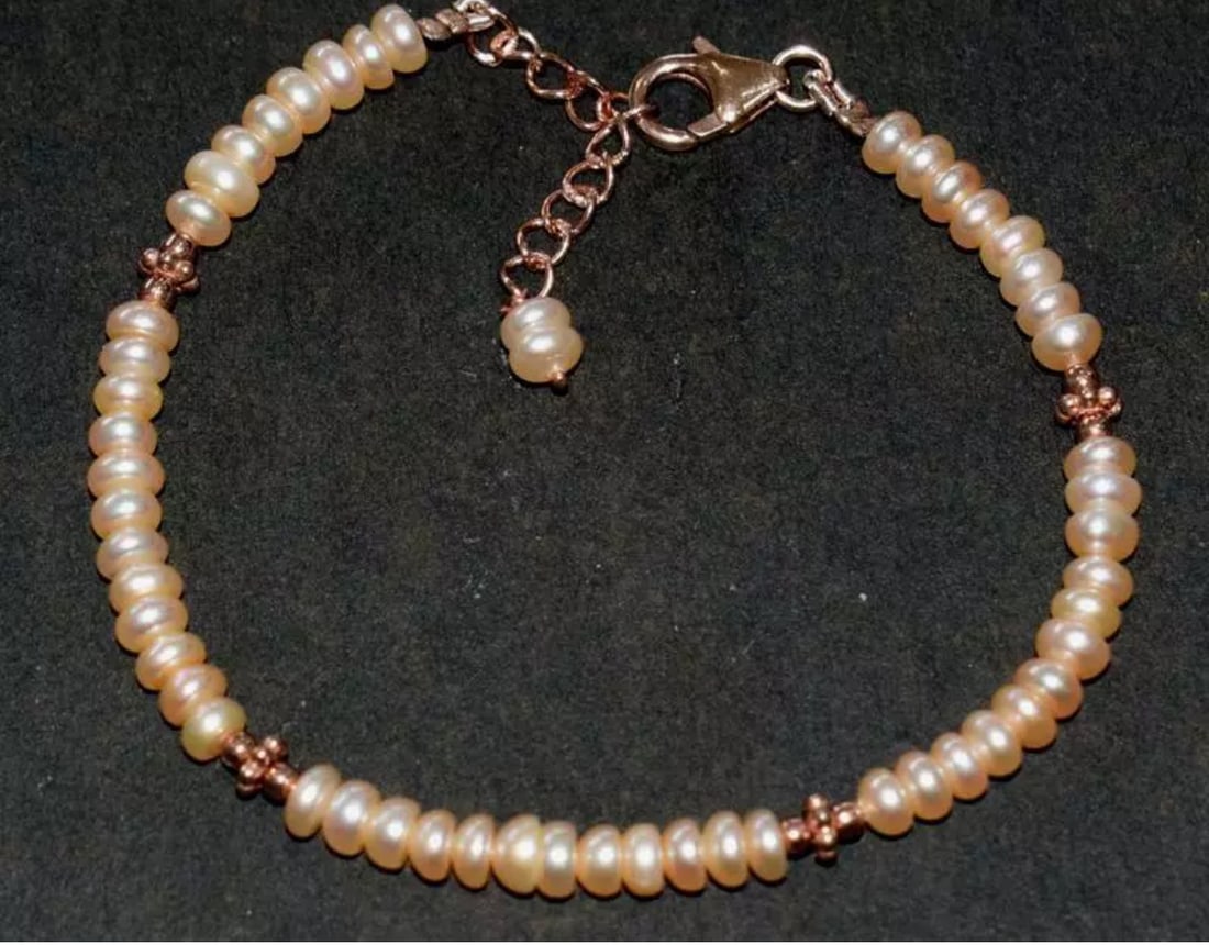 6.5 - 7.5" ROSE GOLD OVER 925 SILVER BRACELET - PINK PEARL RONDELLE: These are natural, earth mined and hand crafted with precision. Stone: Pearl, Stone Shape: Rondelle, Stone Size: 4 - 4.5 mm, Width - 2 - 3 mm, Length: 6.5 - 7.5", Weight: approx. 26 carats. The photog