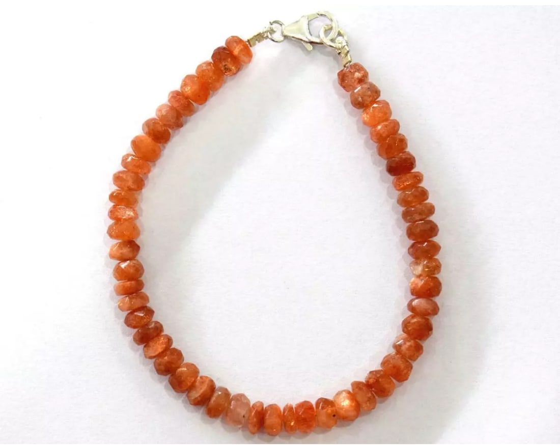 7" SOLID 925 SILVER BRACELET - NATURAL SUNSTONE BEADS RONDELLE: These are natural, earth mined and hand crafted with precision. Stone: Sunstone, Stone Shape: Faceted Rondelle, Stone Size: 5.5 - 6 mm, Width - 2.5 - 3 mm, Length: 7", Weight: approx. 40 carats. The p