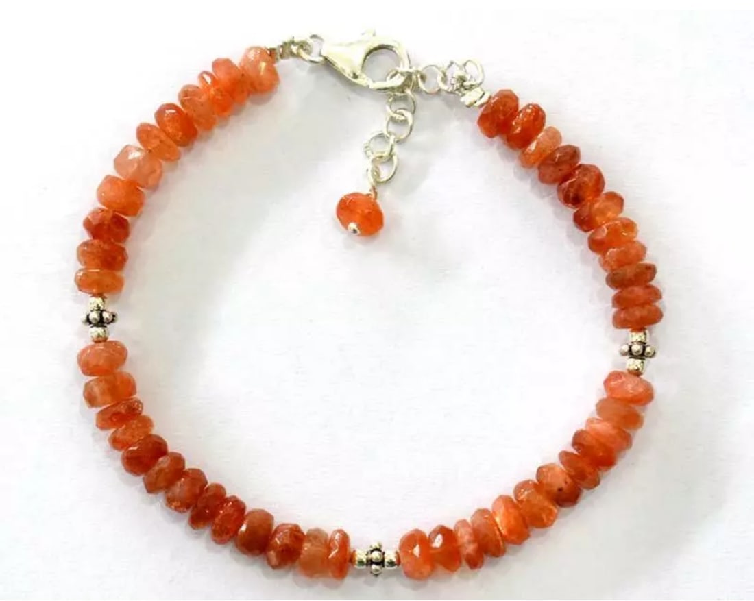 6.5 - 7.5" SOLID 925 SILVER BRACELET - NATURAL SUNSTONE BEADS RONDELLE: These are natural, earth mined and hand crafted with precision. Stone: Sunstone, Stone Shape: Faceted Rondelle, Stone Size: 5.5 mm, Width - 2 - 3 mm, Length: 6.5 - 7.5", Weight: approx. 39 carats. The