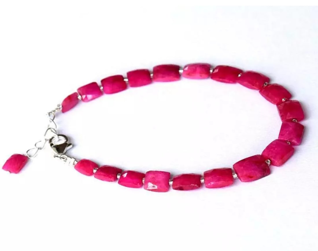 7 - 8" BRACELET NATURAL RUBY BEADS FACETED RECTANGLE SOLID 925 SILVER: These are natural, earth mined and hand crafted with precision. Stone: Ruby, Stone Shape: Faceted Rectangle, Stone Size: 5x6 - 7x8mm, Width - 2 - 3mm, Length: 7 - 8", Weight: approx. 38 carats. The ph