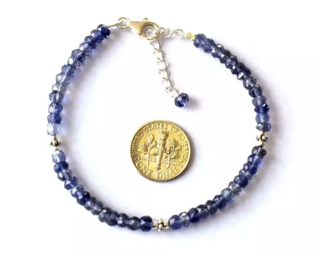 7 - 8" BRACELET NATURAL FINE IOLITE BEADS RONDELLE SOLID 925 SILVER: These are natural, earth mined and hand crafted with precision. Stone: Iolite, Stone Shape: Faceted Rondelle, Stone Size: 4.5mm, Width - 2 - 3mm, Length: 7 - 8", Weight: approx. 27 carats. The photogr