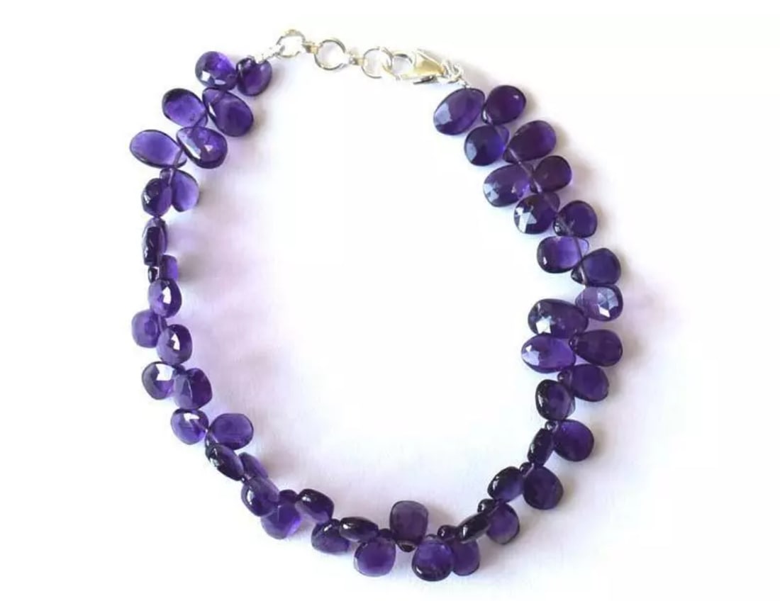 7.5 - 8" BRACELET NATURAL AMETHYST BEADS PEAR SOLID 925 SILVER: These are natural, earth mined and hand crafted with precision. Stone: Amethyst, Stone Shape: Faceted Pear, Stone Size: 5x7 - 6x9mm, Width - 2.5 - 3.5mm, Length: 7.5 - 8", Weight: approx. 59 carats. T