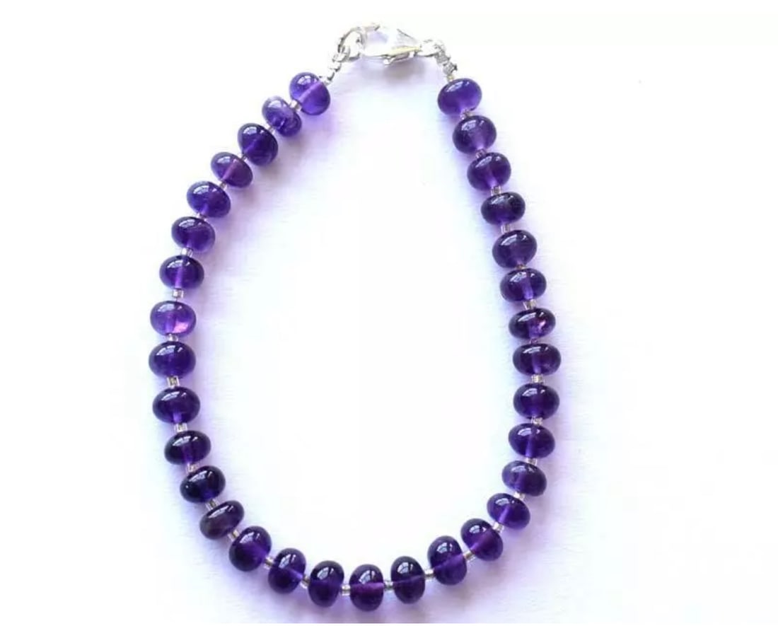 7.5" BRACELET NATURAL AMETHYST BEADS RONDELLE SOLID 925 SILVER: These are natural, earth mined and hand crafted with precision. Stone: Amethyst, Stone Shape: Rondelle, Stone Size: 5 - 6mm, Width - 3.5 - 4.5mm, Length: 7.5", Weight: approx. 40 carats. The photograp