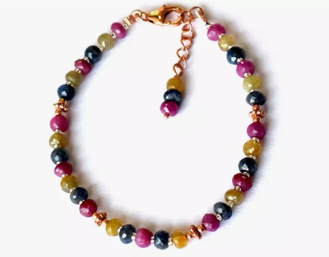 6.5 - 7.5" BRACELET MULTI SAPPHIRE BEADS ROSE GOLD OVER SOLID 925 SILVER: These are natural, earth mined and hand crafted with precision. Stone: Sapphire, Stone Shape: Faceted Rondelle, Stone Size: 4.5mm, Width - 2 - 3mm, Length: 6.5 - 7.5", Weight: approx. 36 carats. The p