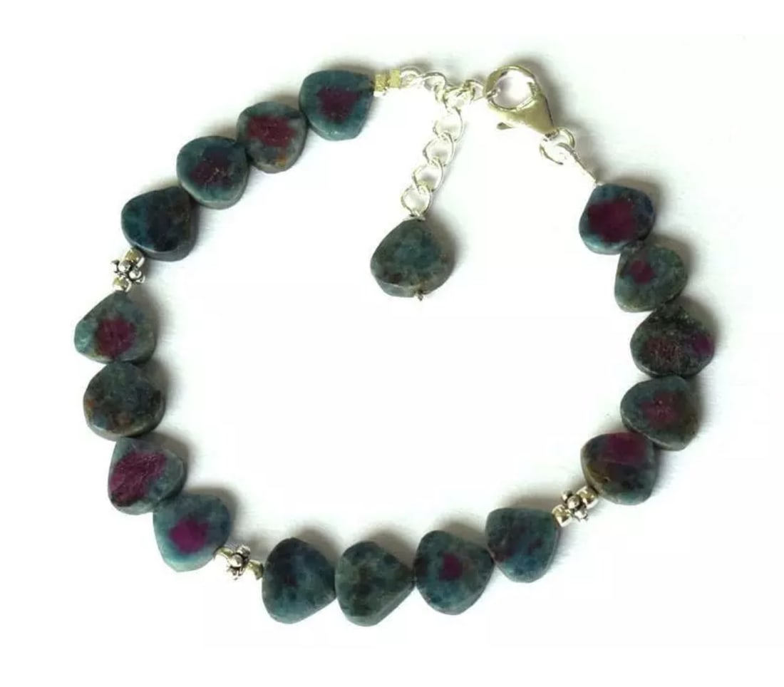 6.5 - 7.5" BRACELET NATURAL RUBY ZOISITE BEADS HEART SOLID 925 SILVER: These are natural, earth mined and hand crafted with precision. Stone: Ruby Zosite, Stone Shape: Heart, Stone Size: 8mm, Width - 2 - 3mm, Length: 6.5 - 7.5", Weight: approx. 42 carats. The photographs