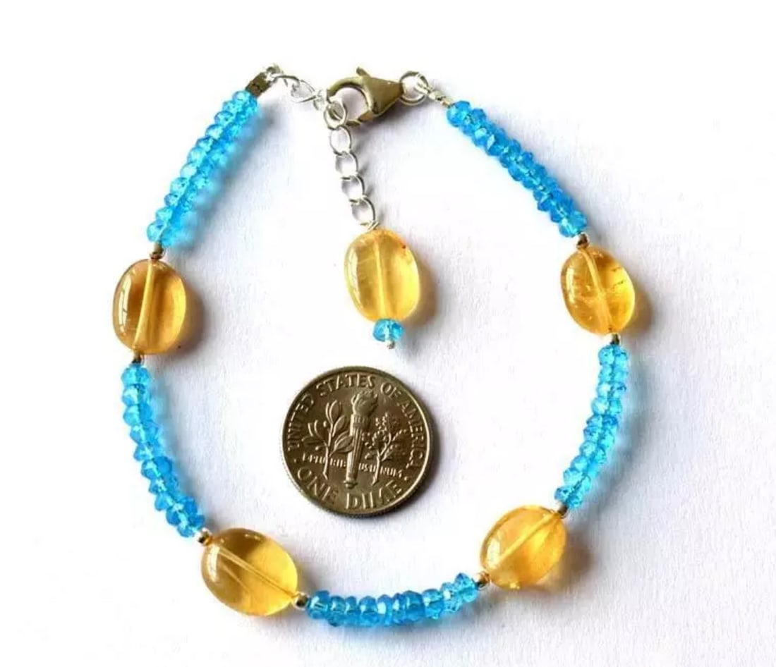 7 - 8" BRACELET BLUE TOPAZ (COATED) BEADS CITRINE BEADS SOLID 925 SILVER: These are natural, earth mined and hand crafted with precision. Stone: Multi Gemstone, Stone Shape: Faceted Rondelle/Oval, Stone Size: 3.5mm/8x10 - 9x11mm, Length: 7 - 8", Weight: approx. 38 carats. T