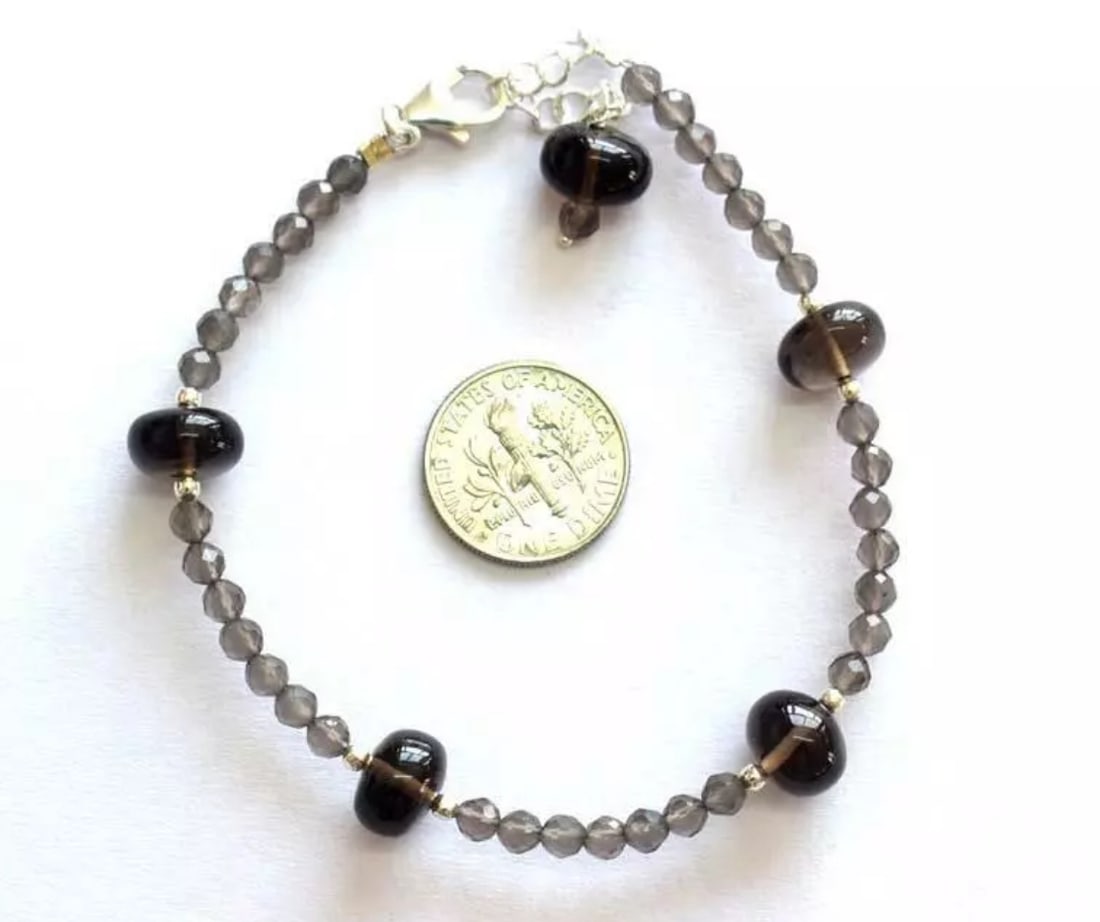 7 - 8" BRACELET NATURAL SMOKY QUARTZ BEADS SOLID 925 SILVER: These are natural, earth mined and hand crafted with precision. Stone: Smoky Quartz, Stone Shape: Faceted Round/Rondelle, Stone Size: 3.5 - 9.5mm, Width - 5.5 - 6.5mm, Length: 7 - 8", Weight: approx.