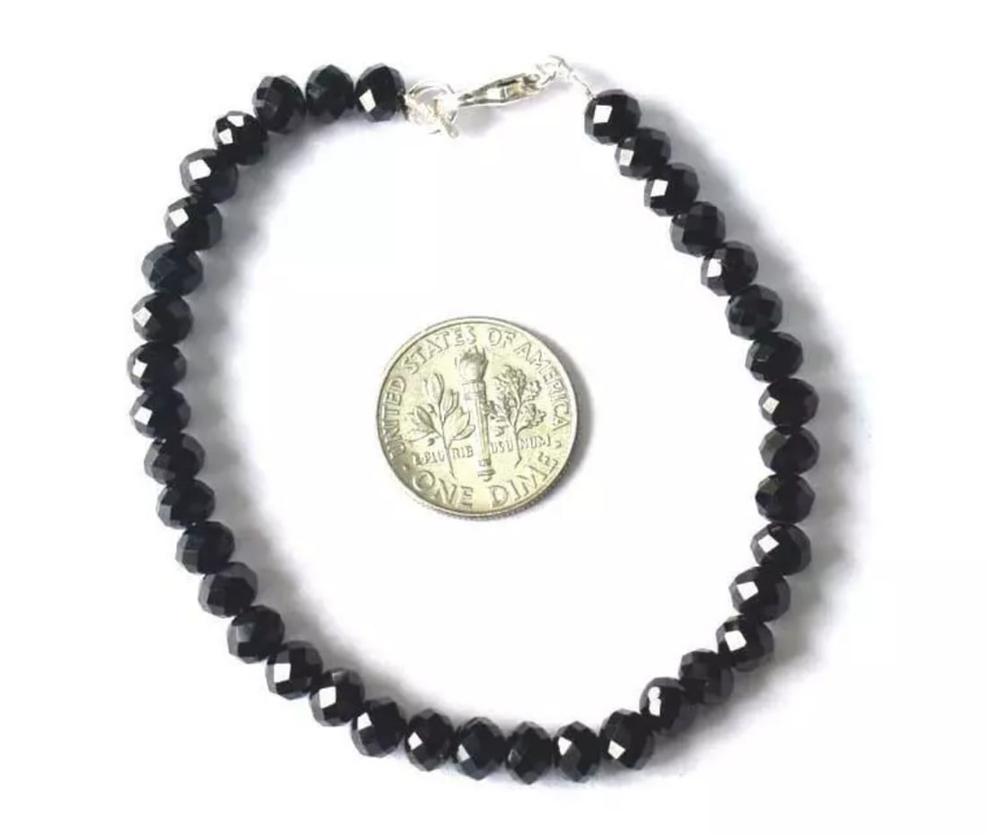 7" BRACELET NATURAL BLACK SPINEL BEADS RONDELLE SOLID 925 SILVER: These are natural, earth mined and hand crafted with precision. Stone: Spinel, Stone Shape: Faceted Rondelle, Stone Size: 5mm, Width - 4 - 4.5mm, Length: 7", Weight: approx. 45 carats. The photographs