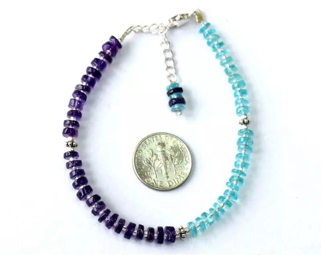 7 - 8" BRACELET NATURAL AMETHYST BEADS APATITE BEADS TYRE SOLID 925 SILVER: These are natural, earth mined and hand crafted with precision. Stone: Amethyst/Apatite, Stone Shape: Heshi, Stone Size: 4.5 - 5mm, Width - 1.5 - 2.5mm, Length: 7 - 8", Weight: approx. 30 carats. The