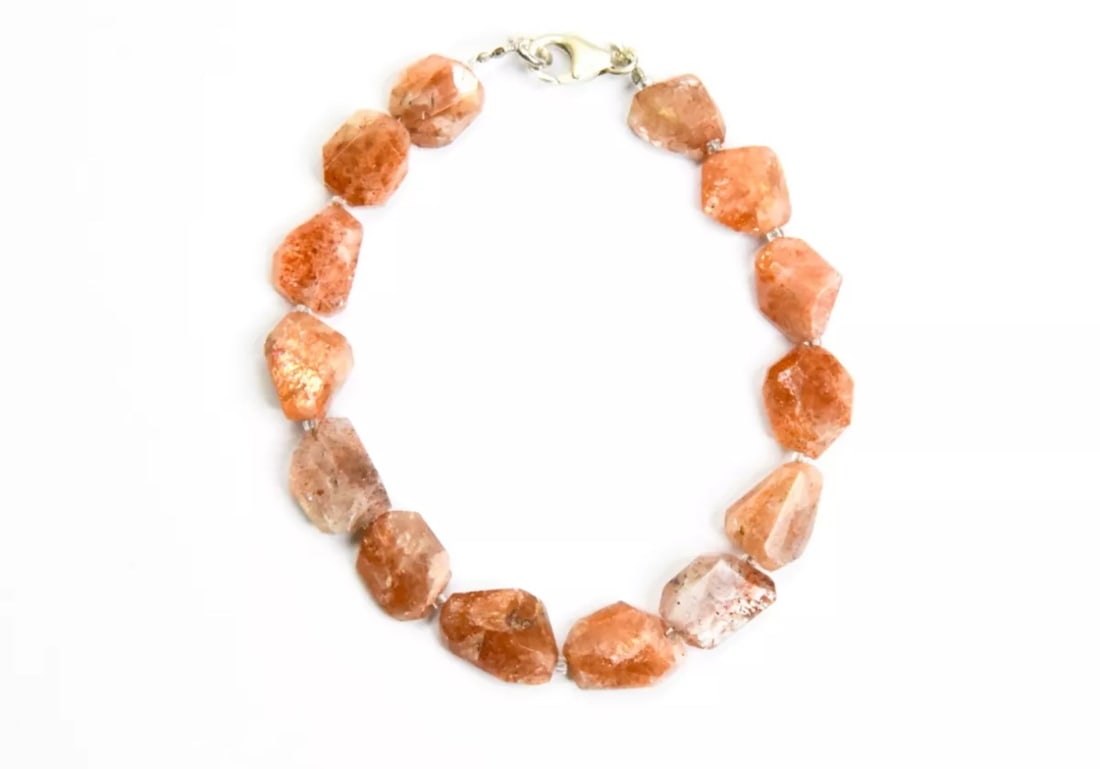 7.5" BRACELET NATURAL SUNSTONE BEADS FACETED TUMBLE SOLID 925 SILVER: These are natural, earth mined and hand crafted with precision. Stone: Sunstone, Stone Shape: Faceted Tumble, Stone Size: 9x10 - 10x12mm, Width - 4 - 5.5mm, Length: 7.5", Weight: approx. 51 carats. Th