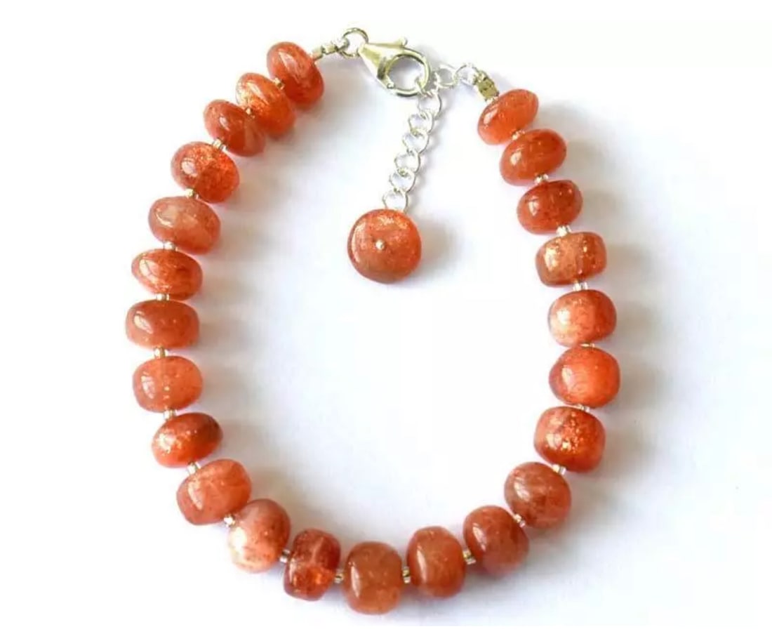 7 - 8" BRACELET NATURAL SUNSTONE BEADS SOLID 925 STERLING SILVER: These are natural, earth mined and hand crafted with precision. Stone: Sunstone, Stone Shape: Rondelle, Stone Size: 8mm, Width - 4 - 7mm, Length: 7 - 8", Weight: approx. 81 carats. The photographs are