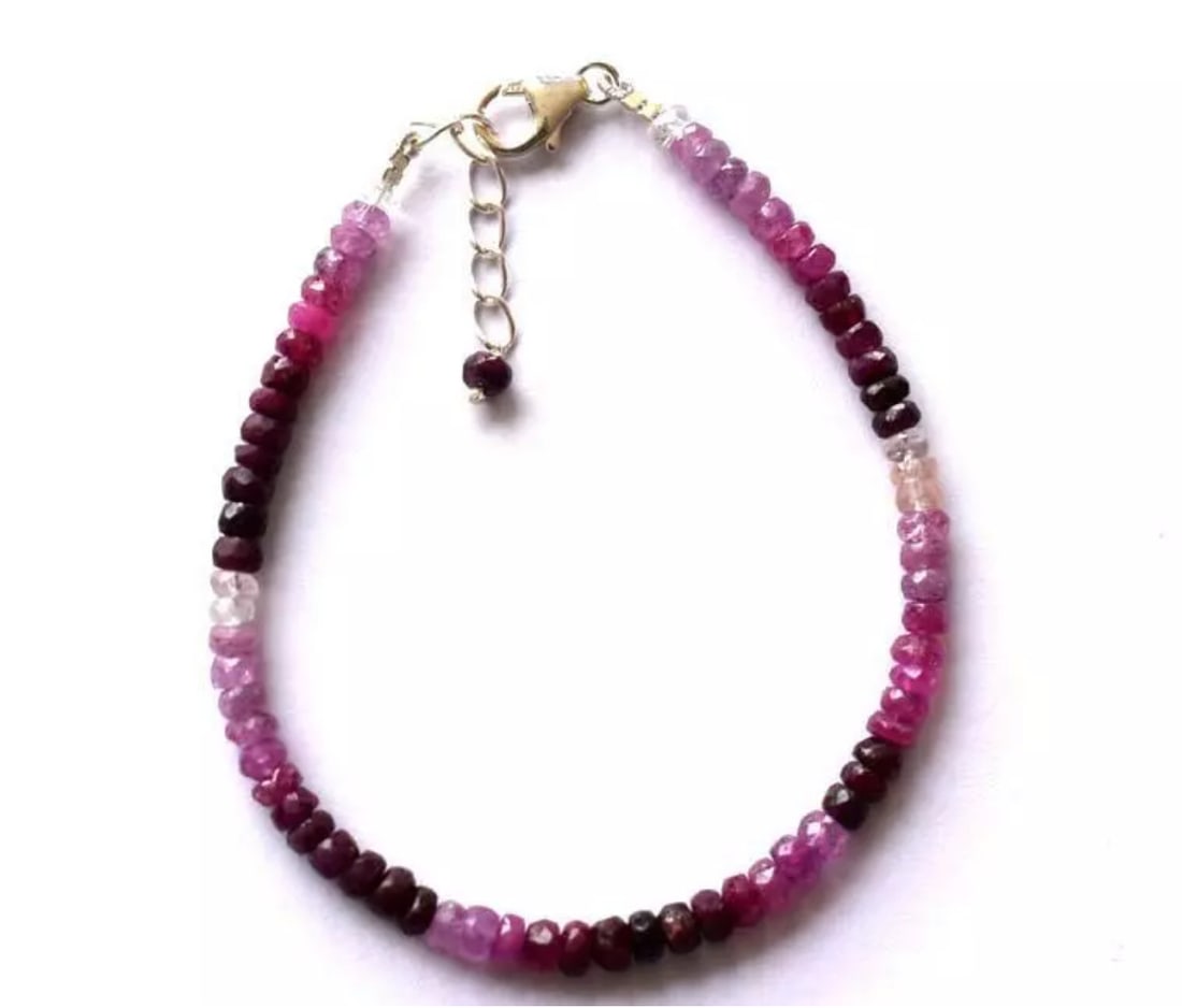 7 - 8" BRACELET NATURAL RUBY BEADS FACETED RONDELLE SOLID 925 SILVER: These are natural, earth mined and hand crafted with precision. Stone: Ruby, Stone Shape: Faceted Rondelle, Stone Size: 4mm, Width - 1.5 - 2mm, Length: 7 - 8" Weight: approx. 33 carats. The photograph