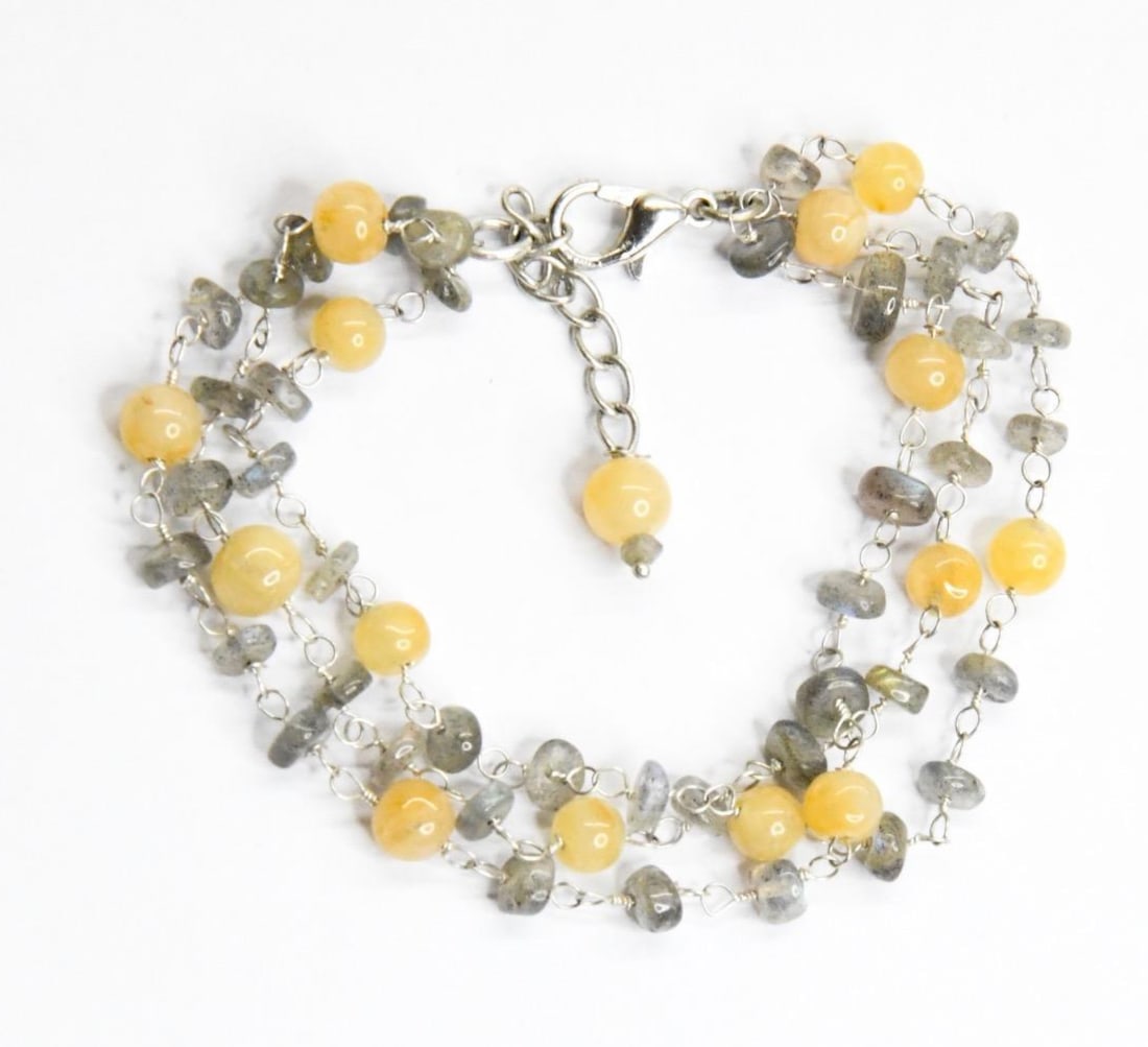 6.5 - 7.5" BRACELET NATURAL LABRADORITE & YELLOW AVENTURINE BEADS: Labradorite is a gemstone known for its transformative and protective properties, believed to enhance intuition and spiritual awareness while also shielding against negative energies. It's associated