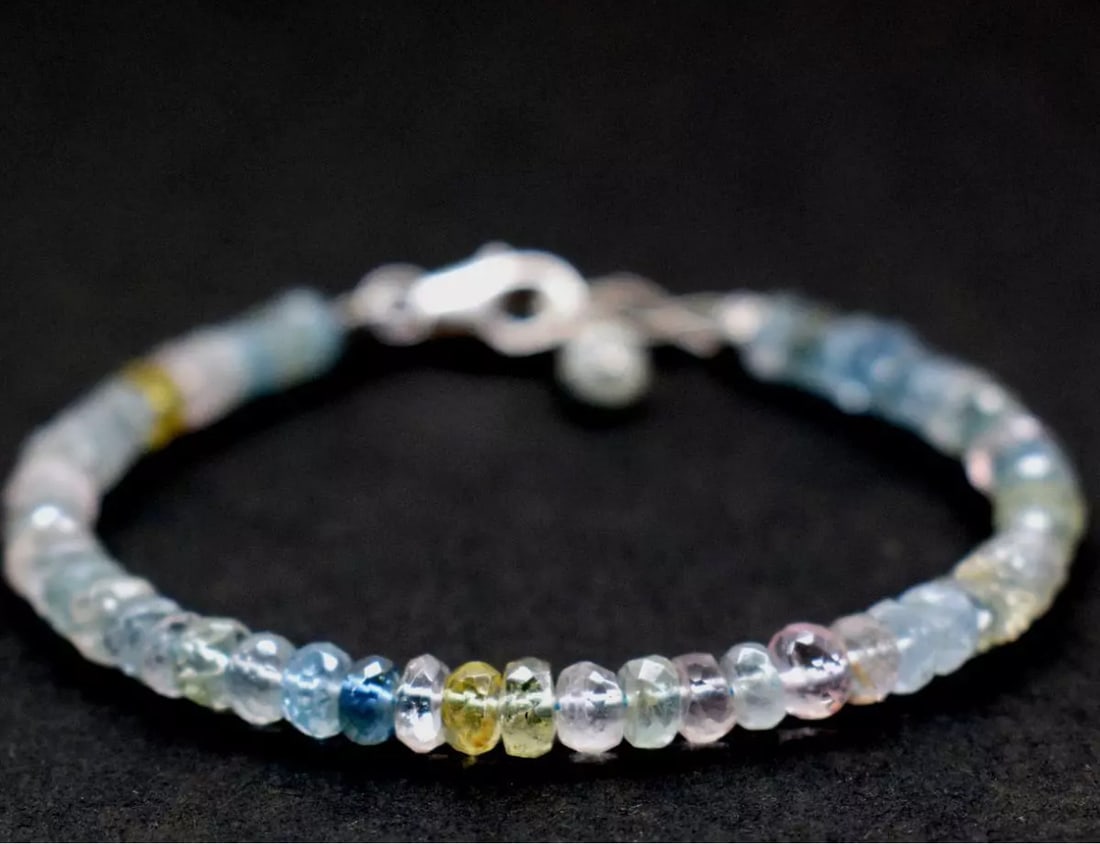 6.5 - 7.5" BRACELET NATURAL MULTI AQUAMARINE BEADS SOLID 925 SILVER: These are natural, earth mined and hand crafted with precision. Stone: Aquamarine, Stone Shape: Faceted Rondelle, Stone Size: 4.5mm, Width - 1.5 - 2mm, Length: 6.5 - 7.5", Weight: approx. 29 carats. T