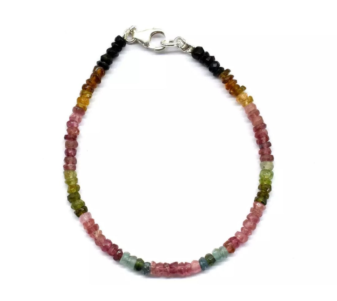 7" BRACELET NATURAL MULTI TOURMALINE BEADS RONDELLE SOLID 925 SILVER: These are natural, earth mined and hand crafted with precision. Stone: Tourmaline, Stone Shape: Faceted Rondelle, Stone Size: 3.5mm, Width - 1.5 - 2mm, Length: 7", Weight: approx. 20 carats. The photo