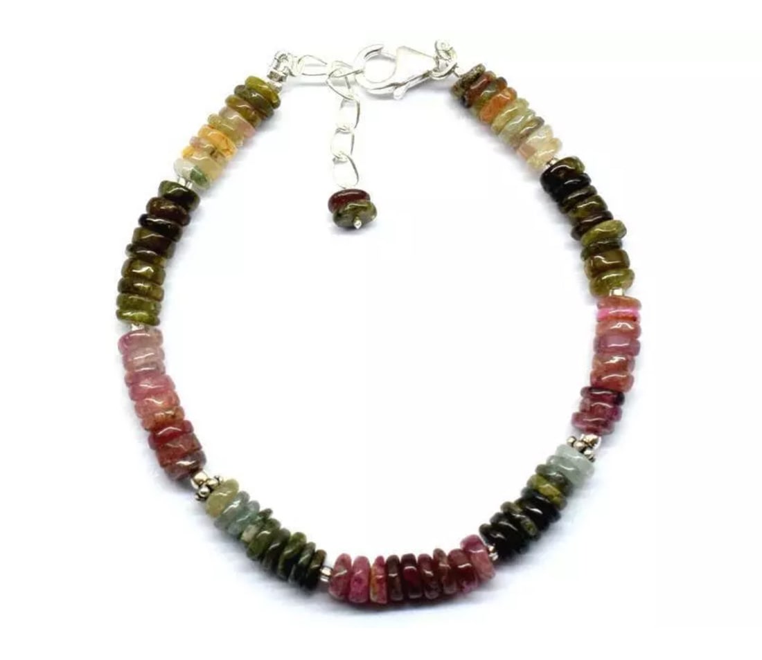 6.5 - 7.5" BRACELET NATURAL MULTI TOURMALINE BEADS TYRE SOLID 925 SILVER: These are natural, earth mined and hand crafted with precision. Stone: Tourmaline, Stone Shape: Tyre, Stone Size: 5mm, Width - 1 - 2mm, Length: 6.5 - 7.5", Weight: approx. 43 carats. The photographs a