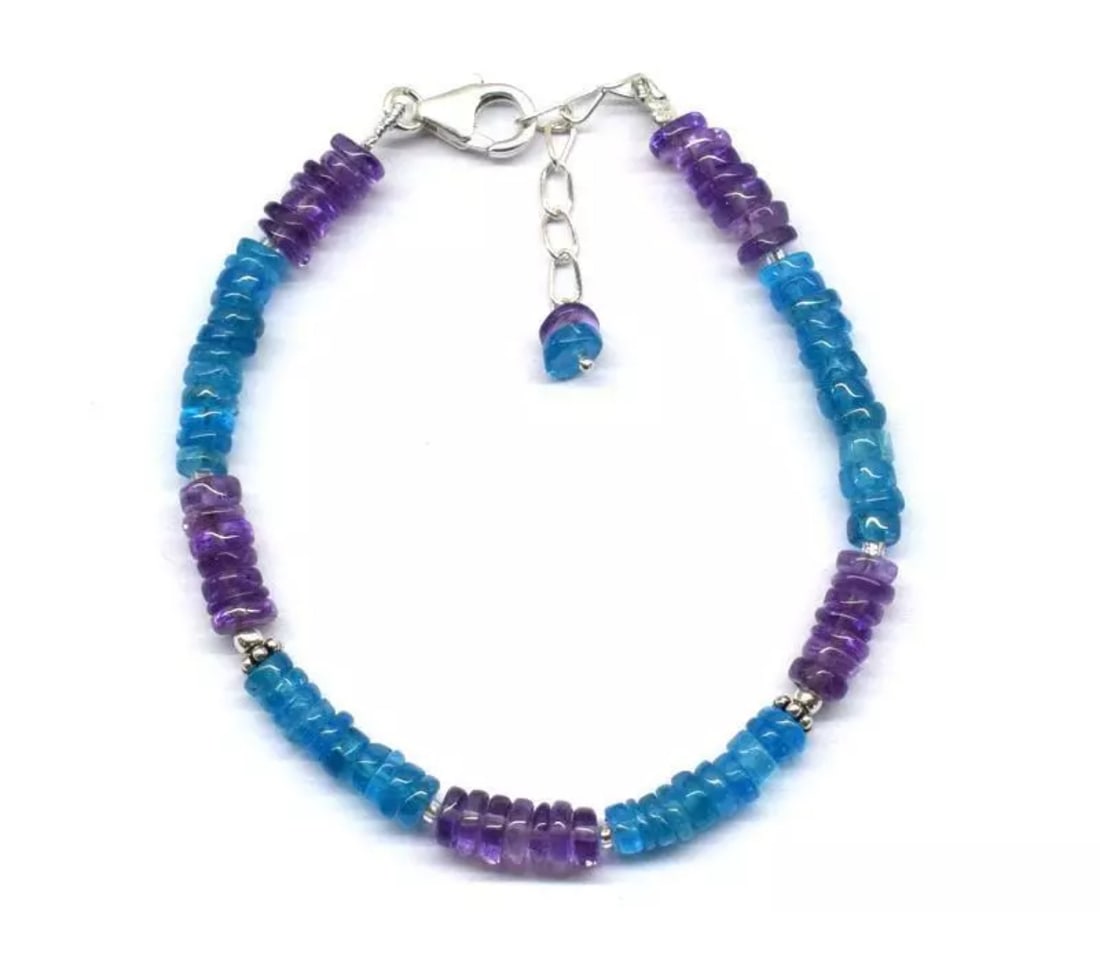 6.5 - 7.5" BRACELET NATURAL AMETHYST BEADS APATITE BEADS SOLID 925 SILVER: These are natural, earth mined and hand crafted with precision. Stone: Amethyst/Apatite, Stone Shape: Tyre, Stone Size: 4 - 5mm, Width - 1 - 2mm, Length: 6.5 - 7.5", Weight: approx. 36.30 carats. The