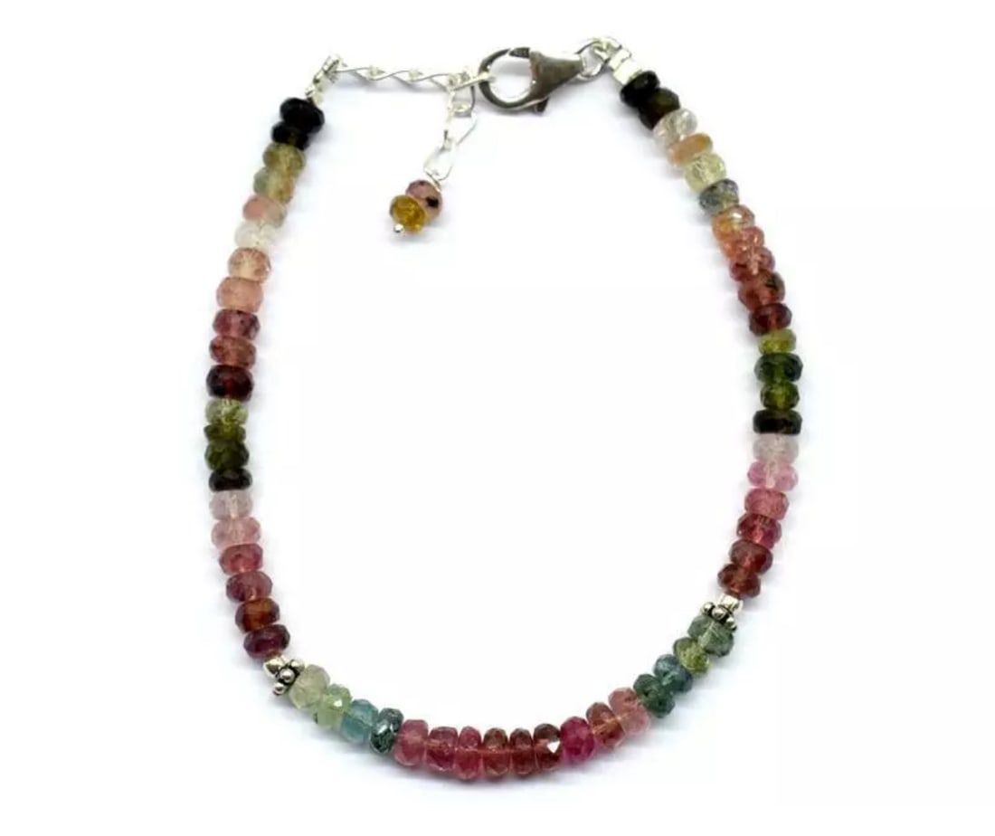6.5 - 7.5" BRACELET NATURAL MULTI TOURMALINE BEADS SOLID 925 SILVER: These are natural, earth mined and hand crafted with precision. Stone: Tourmaline, Stone Shape: Faceted Rondelle, Stone Size: 4mm, Width - 1.5 - 2mm, Length: 6.5 - 7.5", Weight: approx. 28.50 carats.