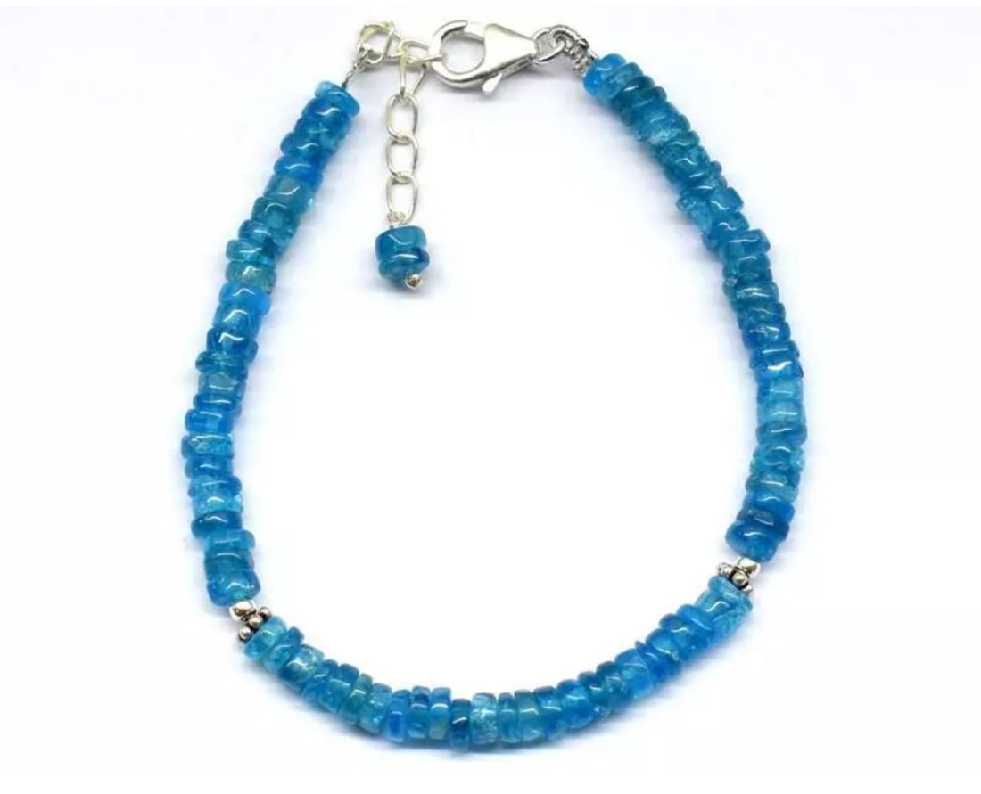 6.5 - 7.5" BRACELET NATURAL NEON APATITE BEADS TYRE SOLID 925 SILVER: These are natural, earth mined and hand crafted with precision. Stone: Apatite, Stone Shape: Tyre, Stone Size: 4.5mm, Width - 1 - 2mm, Length: 6.5 - 7.5", Weight: approx. 35 carats. The photographs ar