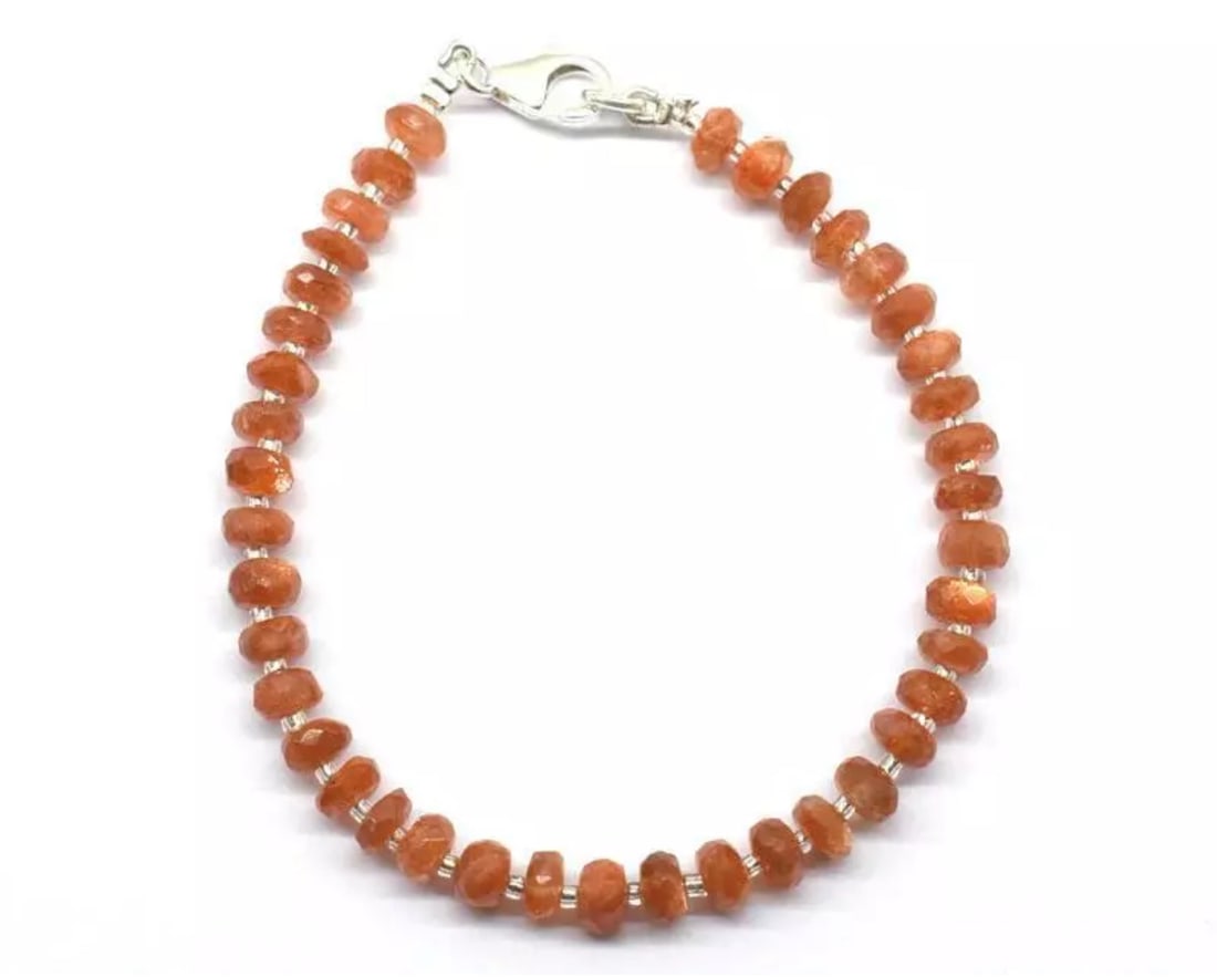 7" BRACELET NATURAL SUNSTONE BEADS RONDELLE SOLID 925 SILVER: These are natural, earth mined and hand crafted with precision. Stone: Sunstone, Stone Shape: Faceted Rondelle, Stone Size: 5.5mm, Width - 2 - 3mm, Length: 7", Weight: approx. 27 carats. The photograp