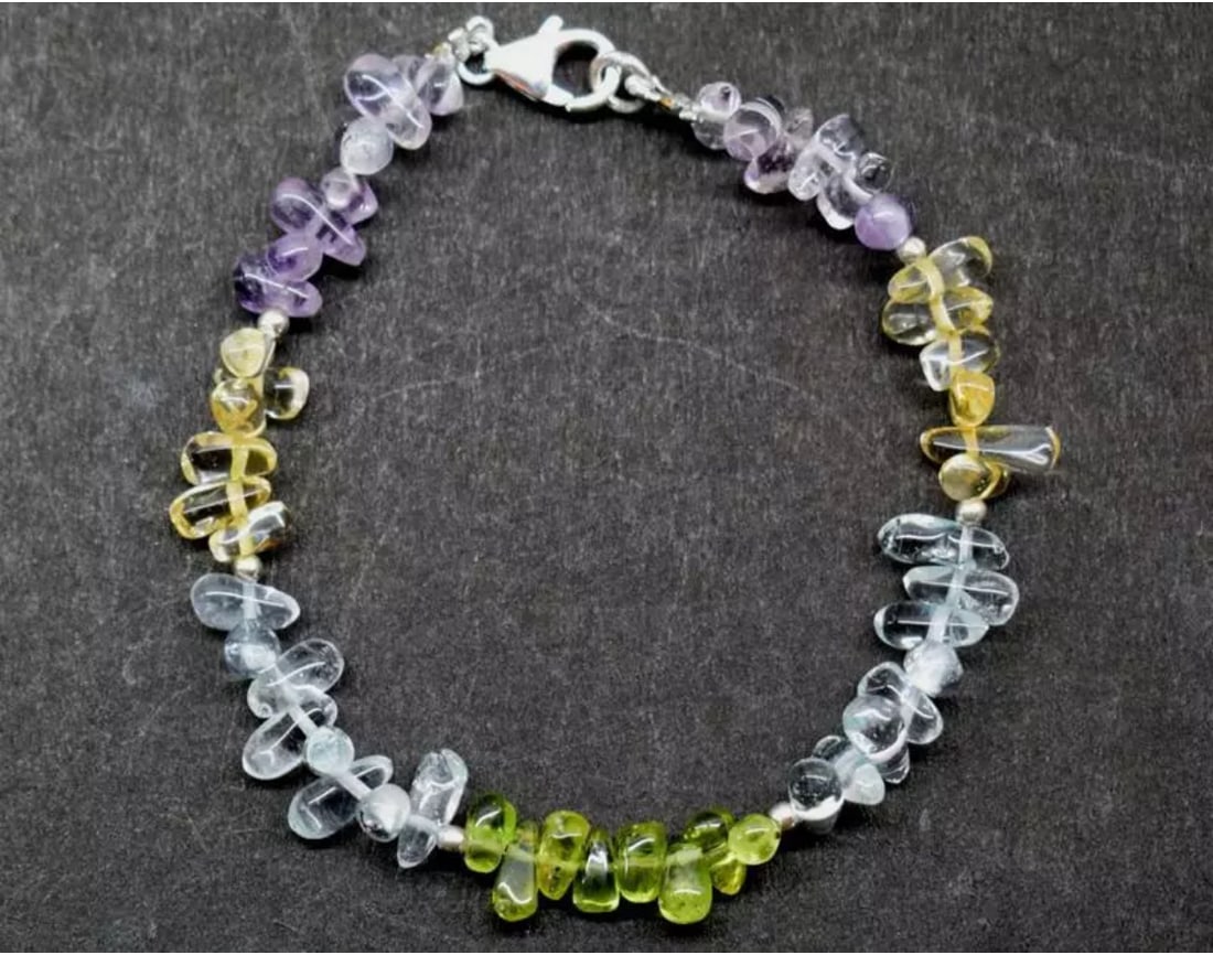 7" BRACELET NATURAL MULTI 4 COLOR BEADS BRIOLETTE SOLID 925 SILVER: These are natural, earth mined and hand crafted with precision. Stone: Multi Gemstone, Stone Shape: Briolette, Stone Size: 3.5x6 - 3.5x10mm, Length: 7", Weight: approx. 39 carats. The photographs are