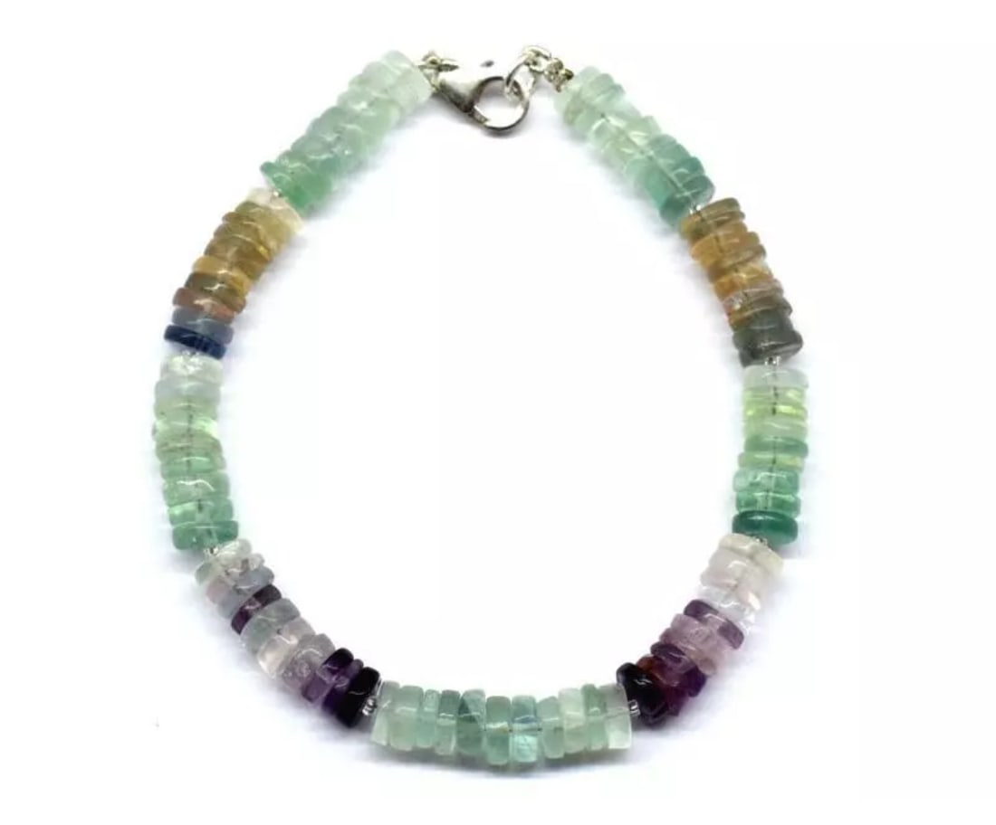 7.5" BRACELET NATURAL MULTI FLUORITE BEADS TYRE SOLID 925 SILVER: These are natural, earth mined and hand crafted with precision. Stone: Fluorite, Stone Shape: Tyre, Stone Size: 6 - 6.5mm, Width - 1.5 - 2mm, Length: 7.5", Weight: approx. 74.50 carats. The photograph