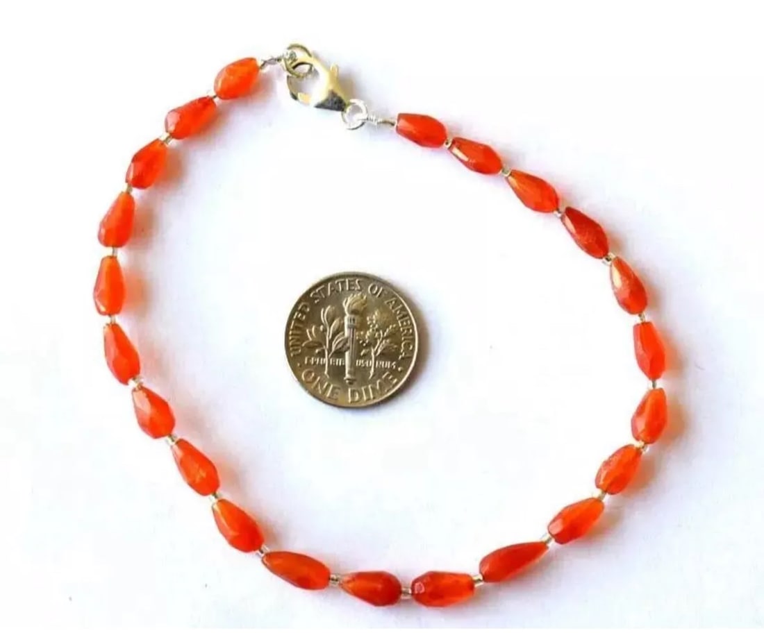 8" BRACELET NATURAL CARNELIAN BEADS BRIOLETTE SOLID 925 SILVER (1 of 3)