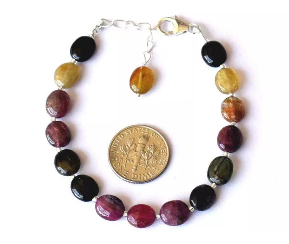 6.5 - 7.5" BRACELET NATURAL MULTI TOURMALINE BEADS OVAL SOLID 925 SILVER: These are natural, earth mined and hand crafted with precision. Stone: Tourmaline, Stone Shape: Oval, Stone Size: 7x8 - 7.5x8.5mm, Width - 3.5 - 4.5mm, Length: 6.5 - 7.5", Weight: approx. 37 carats. T