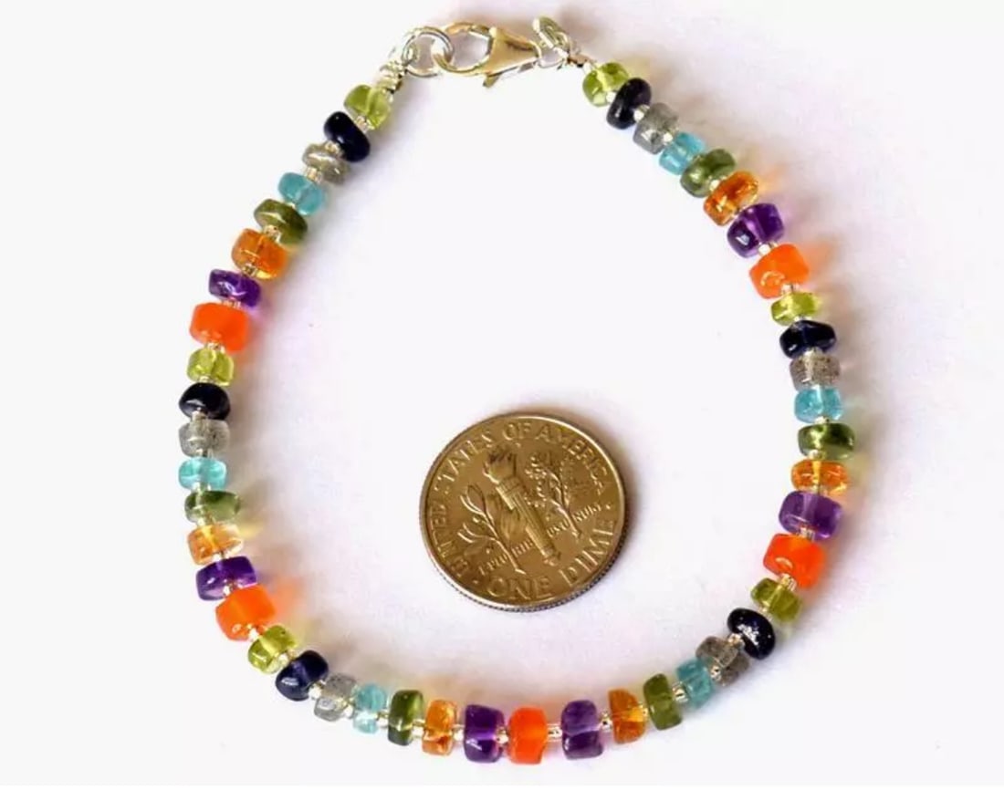 7" BRACELET NATURAL MULTI DISCO BEADS TYRE SOLID 925 SILVER: These are natural, earth mined and hand crafted with precision. Stone: Multi Disco, Stone Shape: Tyre, Stone Size: 4 - 5mm, Width - 1.5 - 3mm, Length: 7", Weight: approx. 27 carats. The photographs ar