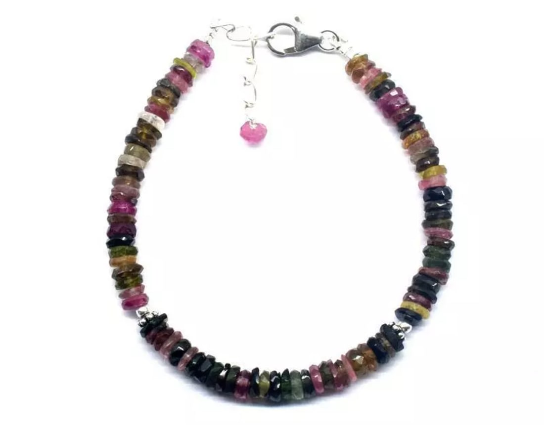 6.5 - 7.5" BRACELET NATURAL MULTI TOURMALINE BEADS SOLID 925 SILVER: These are natural, earth mined and hand crafted with precision. Stone: Tourmaline, Stone Shape: Faceted Tyre, Stone Size: 4.5 - 5mm, Width - 1 - 2mm, Length: 6.5 - 7.5", Weight: approx. 40 carats.