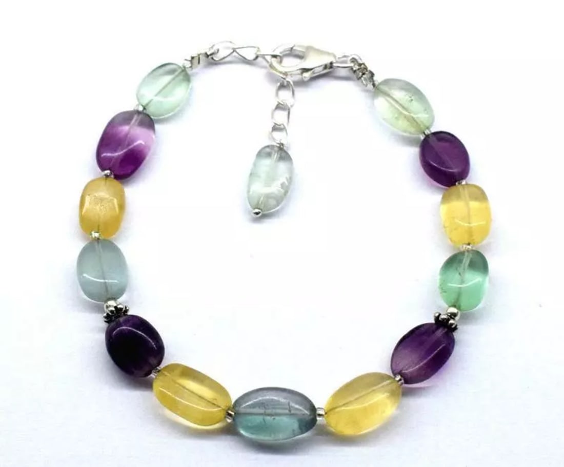 6.5 - 7.5" BRACELET NATURAL MULTI FLUORITE BEADS OVAL SOLID 925 SILVER: These are natural, earth mined and hand crafted with precision. Stone: Fluorite, Stone Shape: Oval, Stone Size: 7x9 - 7x10mm, Width - 3 - 4mm, Length: 6.5 - 7.5", Weight: approx. 49 carats. The photog