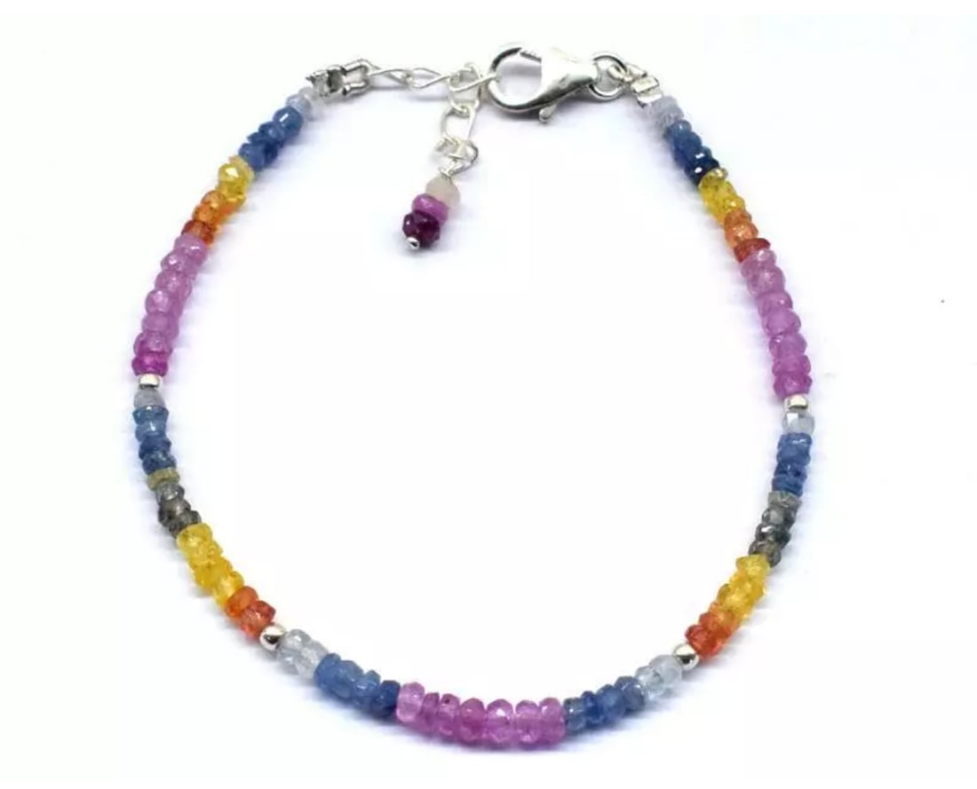 6.5 - 7.5" BRACELET NATURAL MULTI SAPPHIRE BEADS SOLID 925 SILVER: These are natural, earth mined and hand crafted with precision. Stone: Sapphire, Stone Shape: Faceted Rondelle, Stone Size: 2.5 - 3mm, Width - 1.5 - 2mm, Length: 6.5 - 7.5", Weight: approx. 19 carats.