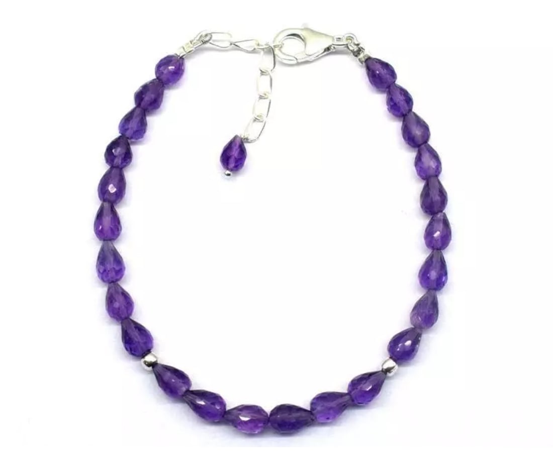 6.5 - 7.5" BRACELET NATURAL AMETHYST BEADS BRIOLETTE SOLID 925 SILVER: These are natural, earth mined and hand crafted with precision. Stone: Amethyst, Stone Shape: Faceted Briolette, Stone Size: 4x5.5 - 4.5x7mm, Length: 6.5 - 7.5", Weight: approx. 24 carats. The photogr